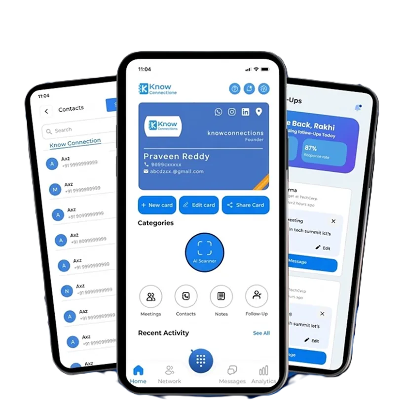 Know Connections app screens showing contacts, the digital business card and follow-ups
